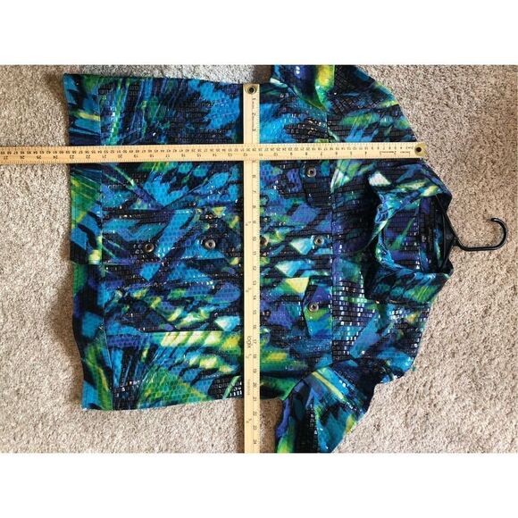 Notations Women’s Blue and Green Square Print Shiny Button Up Jacket Size XL - Picture 9 of 9